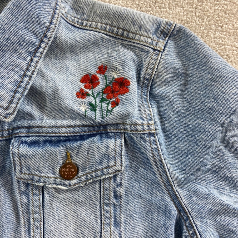 Marine Layer Denim Jacket Women Large Blue Floral Blue Jean Baby Embroidered - Picture 5 of 15